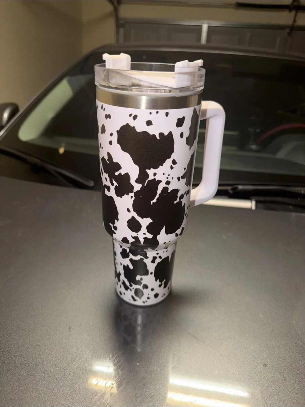 Cow Print Travel Tumbler Mug with Handle - Black & White